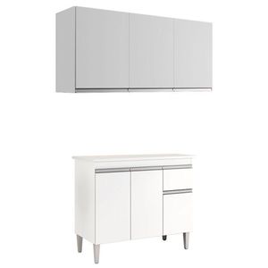 Balcão De Cozinha Tatiane Com Tampo 100cm E Armário Aéreo Andréia 3 Portas Branco Brilho - Ajl