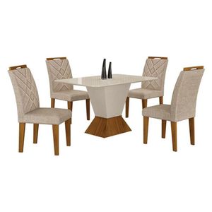 Mesa De Jantar Larissa 120x80 Off White Freijó Com 4 Cadeiras Mdf Freijó Linho Palha - Leifer Móveis
