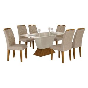 Mesa De Jantar Larissa 180x90 Off White Freijó Com 6 Cadeiras Mdf Freijó Linho Palha - Leifer Móveis