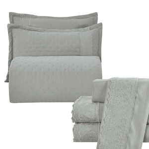 Kit Cobre Leito Queen + Jogo De Lençol Micropercal 300 Fios Com Bordado Inglês Santorini 7 Peças - Cinza
