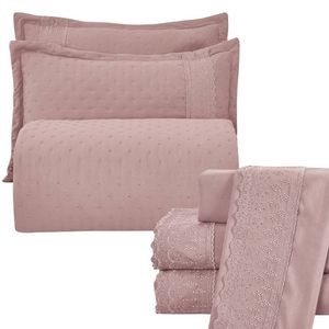 Kit Cobre Leito Queen + Jogo De Lençol Micropercal 300 Fios Com Bordado Inglês Santorini 7 Peças - Malva
