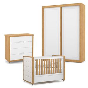 Quarto De Bebe 2 Portas Tutto New Com Capitonê New Boucle E Gaveteiro Freijó Branco Acetinado - Matic