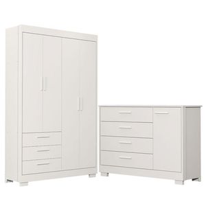 Cômoda Com Porta E Guarda Roupa 4 Portas Infantil Zaki Branco Acetinado - Reller