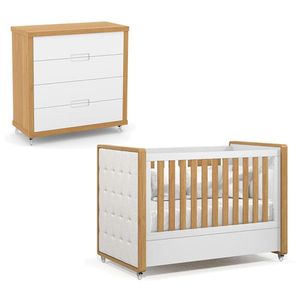 Berço Americano Com Capitonê New Boucle E Cômoda Gaveteiro Infantil Tutto New Freijó Branco Acetinado - Matic