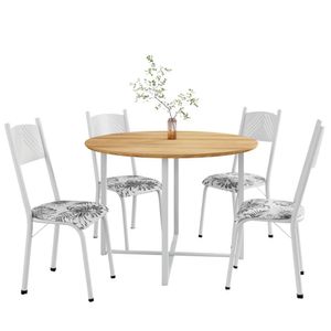 Conjunto De Mesa Sala De Jantar C/ 4 Cadeiras Tampo Redondo 1m Madeirado Liz Artefamol Branco Floral