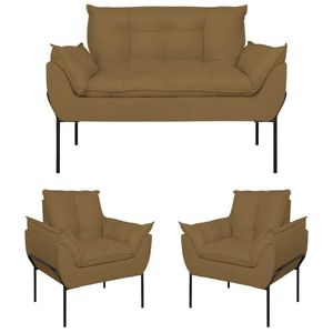 Kit 02 Poltronas + Namoradeira Reforçada Opala Metal Preto Capuccino