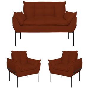 Kit 02 Poltronas + Namoradeira Reforçada Opala Metal Preto Terracota
