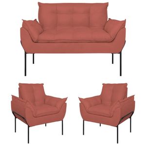 Kit 02 Poltronas + Namoradeira Reforçada Opala Metal Preto Rosa