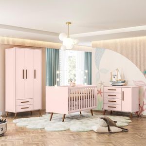 Conjunto Quarto Infantil Retro Sevilha Rosa Com Colchao