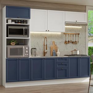 Armário De Cozinha Completa 270 Cm Branco/azul/branco Vik Madesa 01 Branco/azul/branco
