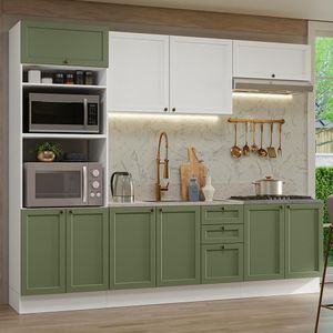 Armário De Cozinha Completa 270 Cm Branco/verde/branco Vik Madesa 01 Branco/verde/branco
