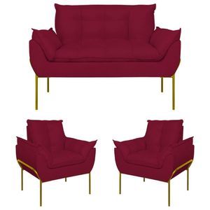 Kit 2 Poltronas Opala + Namoradeira Base Metal Dourada Cor Marsala