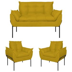 Kit 2 Poltronas Opala + Namoradeira Base Metal Preta Suede Amarelo