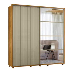 Guarda-roupa Casal Monet Ripado 2 Portas De Correr 4 Gavetas 1 Porta C/ Espelho - 7 Decor Cumaru E Opala