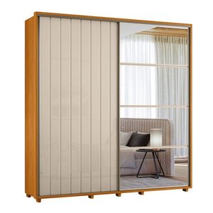 Guarda-roupa Casal Monet Ripado 2 Portas De Correr 4 Gavetas 1 Porta C/ Espelho - 7 Decor Cinamomo E Off White
