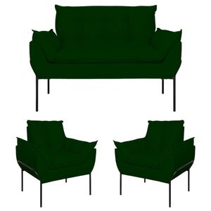 Kit 2 Poltronas Opala + Namoradeira Base Metal Preta Suede Verde
