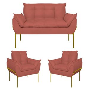 Kit 2 Poltronas Opala + Namoradeira Base Metal Dourada Rosa