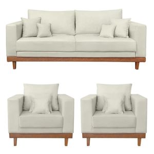 Kit 2 Poltronas Living + Sofá 3 Lugares Base Madeira Suede Bege