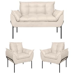 Kit 2 Poltronas Opala + Namoradeira Base Metal Preta Suede Bege