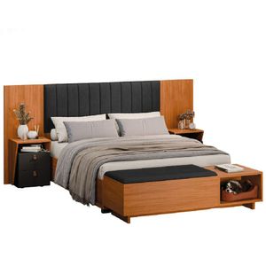 Conjunto De Cabeceira Extensível Com Mesa De Cabeceira E Calçadeira Veludo Malaga Madeirado / Preto