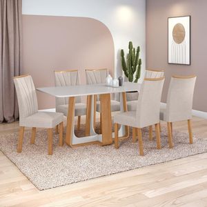 Conjunto Sala De Jantar Mesa Easy Pop 170x90cm Tampo Vidro/mdf Com 6 Cadeiras Confort Boucle Bege Amendoa/off White