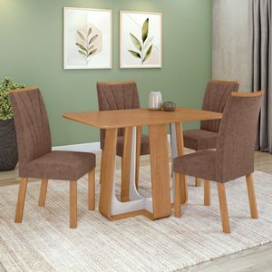 Conjunto Sala De Jantar Mesa Easy Pop 120x80cm Tampo Mdf Com 4 Cadeiras Confort Couro Morano Avelã Amêndoa/off White