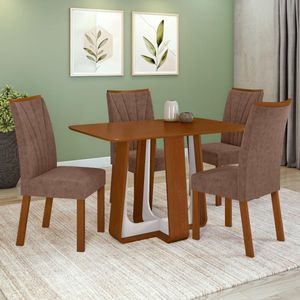 Conjunto Sala De Jantar Mesa Easy Pop 120x80cm Tampo Mdf Com 4 Cadeiras Confort Couro Morano Avelã Frassino/off White