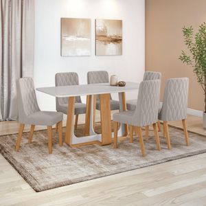 Conjunto Sala De Jantar Mesa Easy Pop 170x90cm Tampo Vidro/mdf Com 6 Cadeiras Seat Veludo Liso Capuccino Amendoa Off White
