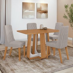 Conjunto Sala De Jantar Mesa Easy Pop 120x80cm Tampo Mdf Com 4 Cadeiras Seat Veludo Liso Capuccino Amendoa Off White