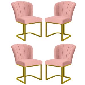 Kit 4 Cadeira Poltrona Flor Pés Metal Dourado Mesa Jantar Cozinha Rosa