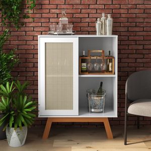 Balcao Buffet Aparador Bar Porta De Correr Rattan Pés Em Madeira Branco