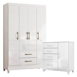 Guarda Roupa Solteiro Paraty E Cômoda Vênus Com Pés Branco Flex - Moval