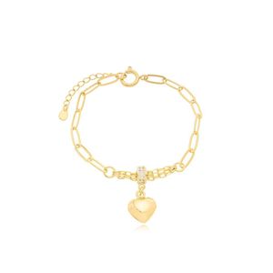 Pulseira Elos E Delicado Coração Ao Centro Banhada A Ouro 18k
