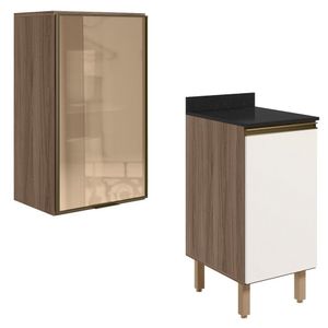 Armario Aereo Balcao 1p Vidro 40cm Mdf Kali Nicioli Carvalho Toq Off White Cetim