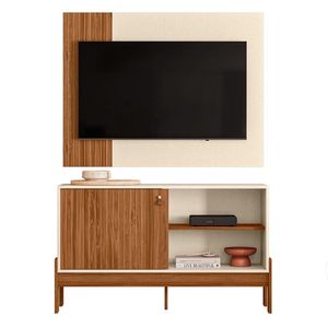 Rack Bancada Com Painel Wood 120cm Cinamomo Mel/off White Para Tv Até 42” - Mobler Cinamomo Mel/off White