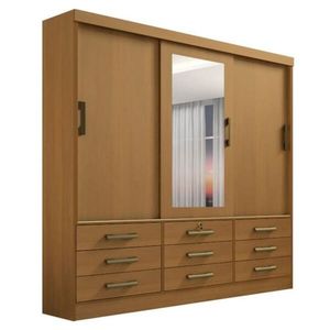 Guarda Roupa Casal Com Espelho 3 Portas 9 Gavetas - Meridian -cinamomo - Móveis D'doro