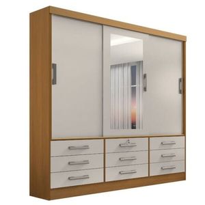 Guarda Roupa Casal Com Espelho 3 Portas 9 Gavetas - Meridian -cinamomo-off White - Móveis D'doro