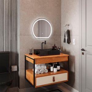 Gabinete Harley Com Cuba Torneira Espelho Redondo Led 50cm Nature/Off White