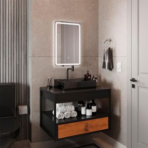 Gabinete Harley 1 Gaveta Espelho Retangular Led 60cm Bivolt Preto/Nature