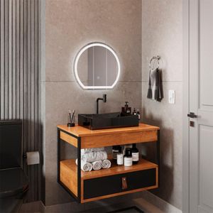 Gabinete Harley Com Cuba Torneira Espelho Redondo Led 50cm Nature/Preto