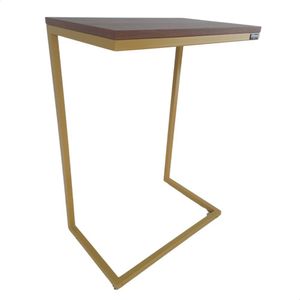 Mesa Lateral De Apoio Dourada E Mdf Carvalho