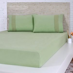 Jogo De Cama Queen Malha 3 Pçs Bella Cama 100% Algodão 158x198x35cm Verde