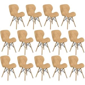 Kit 14 Cadeiras De Jantar Charles Eames Slim Wood Estofada - Nude Escuro