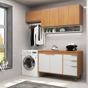 Lavanderia Modulada Agata 3 Peças, Aéreo 120cm, Aéreo 80cm E Balcão 120cm Com Tampo Branco