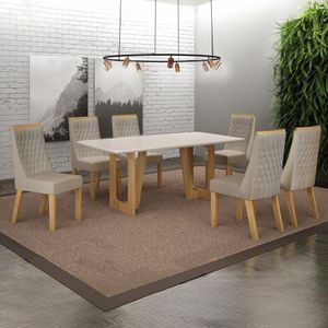 Conjunto Sala De Jantar Mesa 180cm Tampo De 2,5cm Com 6 Cadeiras Luna Cinamomo/off White/bege