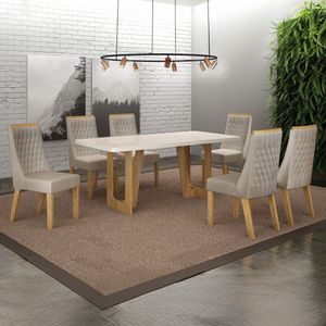Conjunto Sala De Jantar Mesa 160cm Tampo De 4,0cm Com 6 Cadeiras Luna Cinamomo/off White/palha