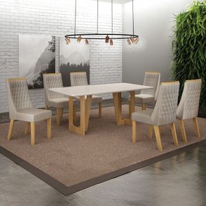 Conjunto Sala De Jantar Mesa 160cm Tampo De 2,5cm Com 6 Cadeiras Luna Cinamomo/off White/palha
