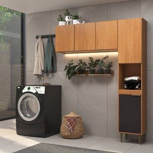 Lavanderia Modulada 2 Peças Jade 150cm Aéreo 3 Portas 120 Cm Torre Multiuso 30 Cm Grafite