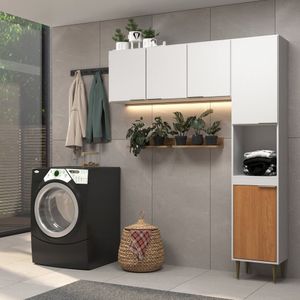 Lavanderia Modulada 2 Peças Jade 150cm Aéreo 3 Portas 120 Cm Torre Multiuso 30 Cm Branco/ Xingu