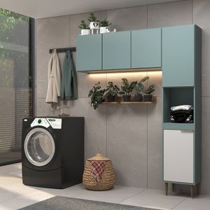 Lavanderia Modulada 2 Peças Jade 150cm Aéreo 3 Portas 120 Cm Torre Multiuso 30 Cm Grey/ Branco
